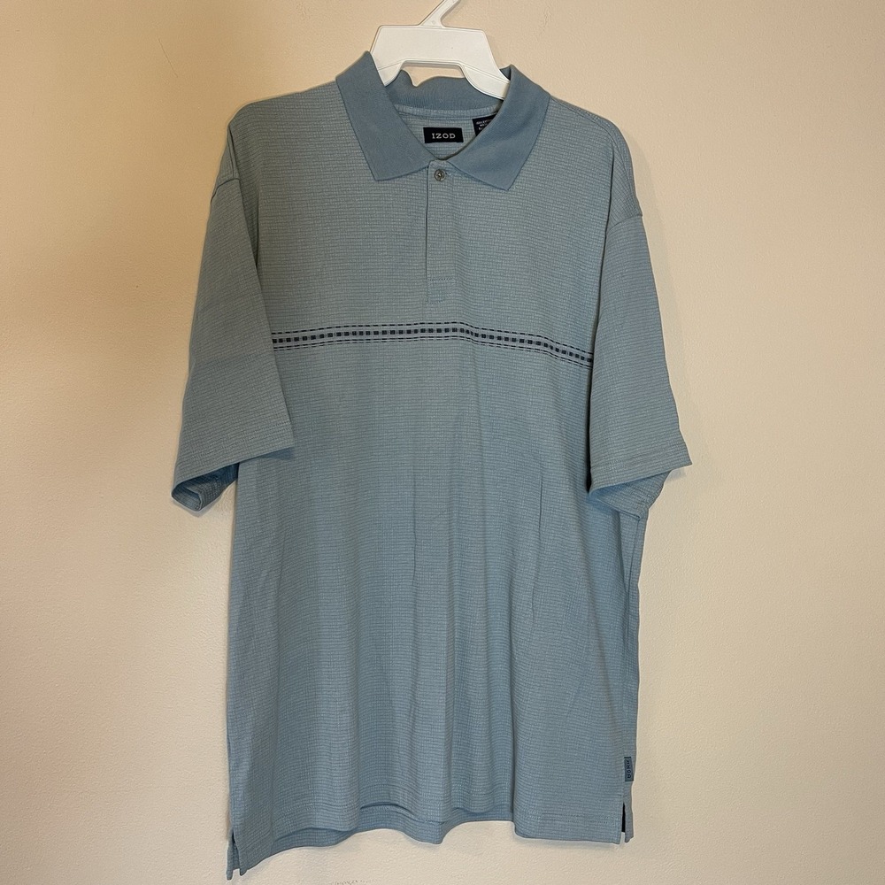NEW IZOD Mens Short Sleeve Textured Cotton Polo Shirt Light Blue Large